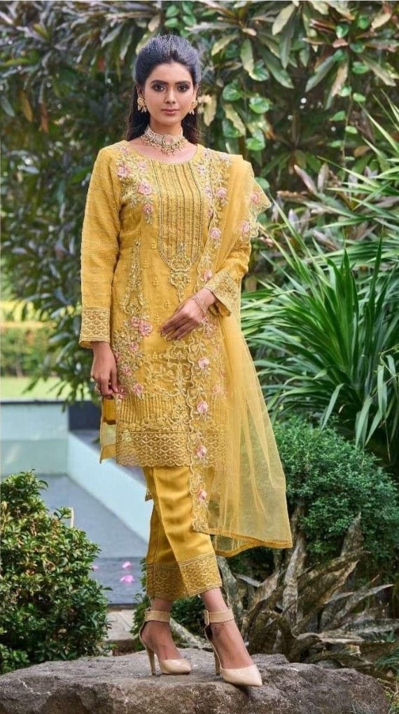 Pakistani Style Suit Set With Dupatta - Mustard Yellow