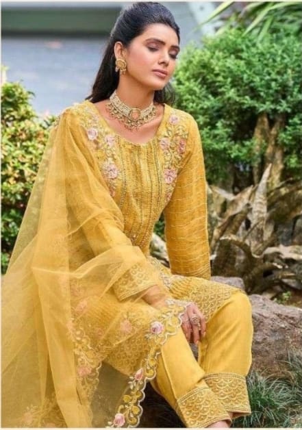 Pakistani Style Suit Set With Dupatta - Mustard Yellow