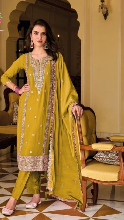 Straight Suit With Heavy Embroidery - Mustard Yellow