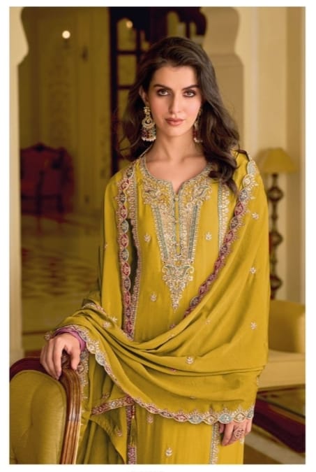 Straight Suit With Heavy Embroidery - Mustard Yellow