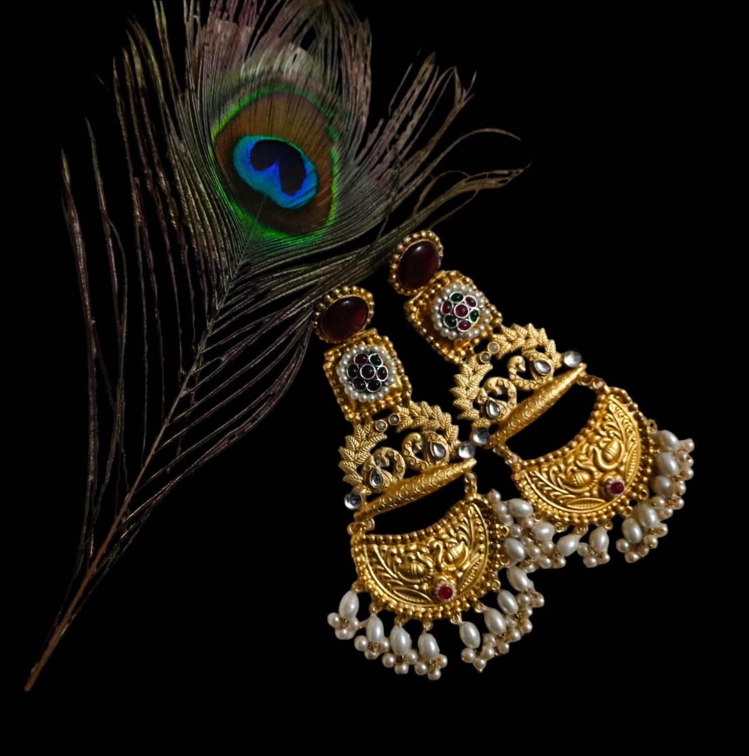 Brass Earrings With Handmade Thapa Work With Monalisa Stone