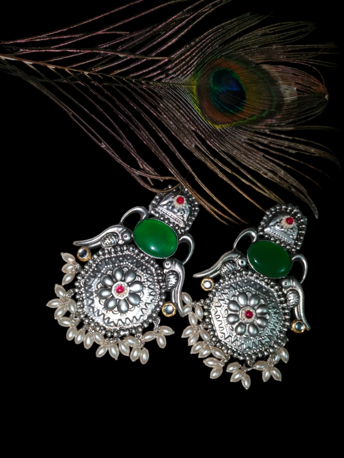 Handmade Thapa Work Silver Replica Earrings With Monalisa Stone