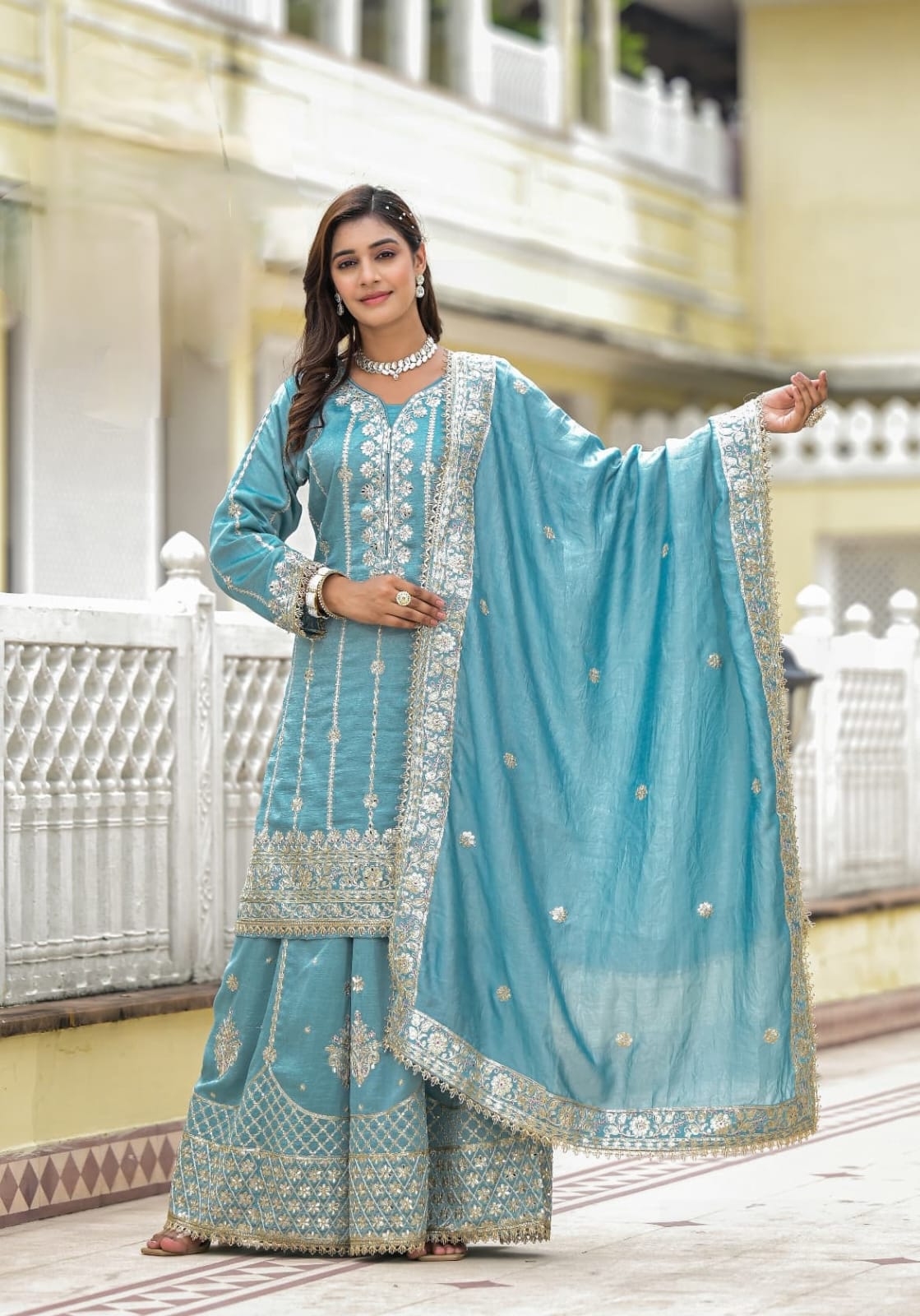 Sharara Set With Heavy Embroidery - Blue