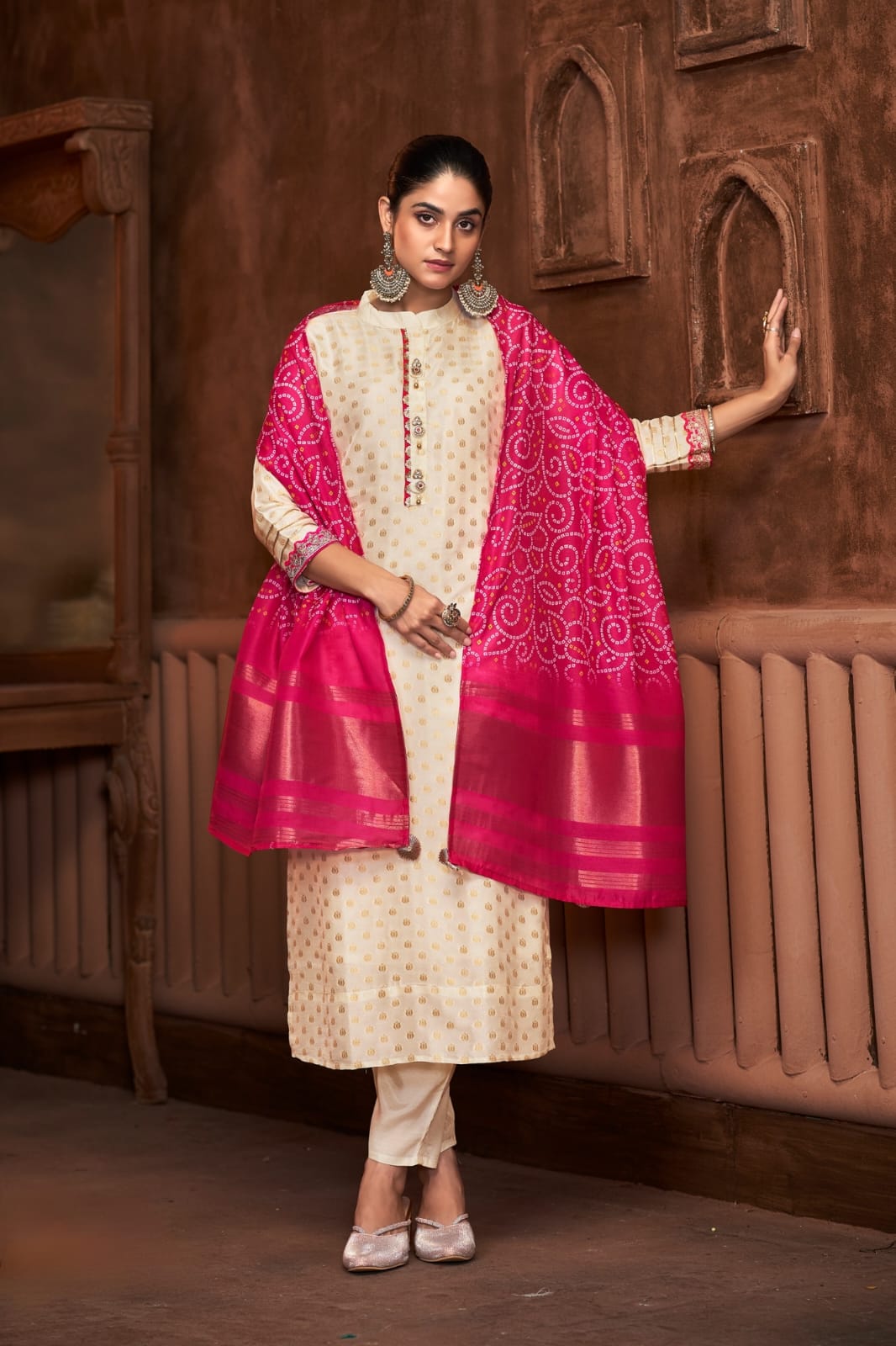 Straight Suit Set With Pants & Bandhej Dupatta