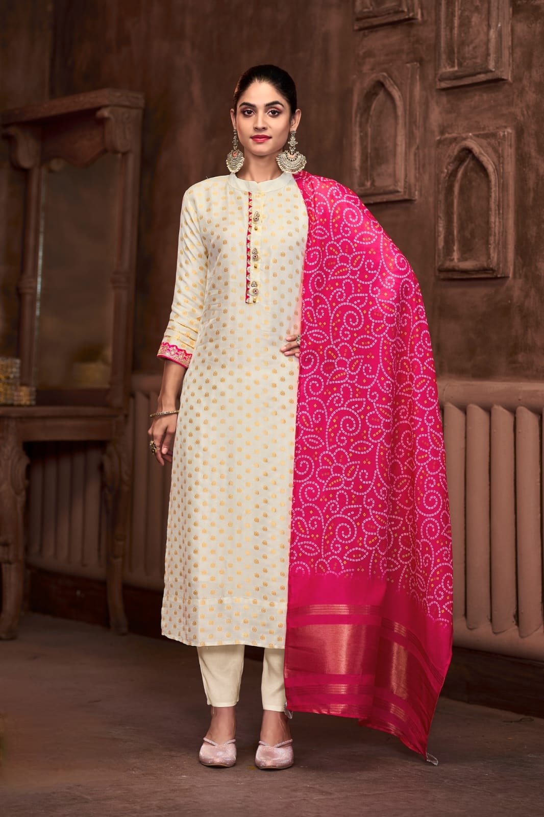 Straight Suit Set With Pants & Bandhej Dupatta