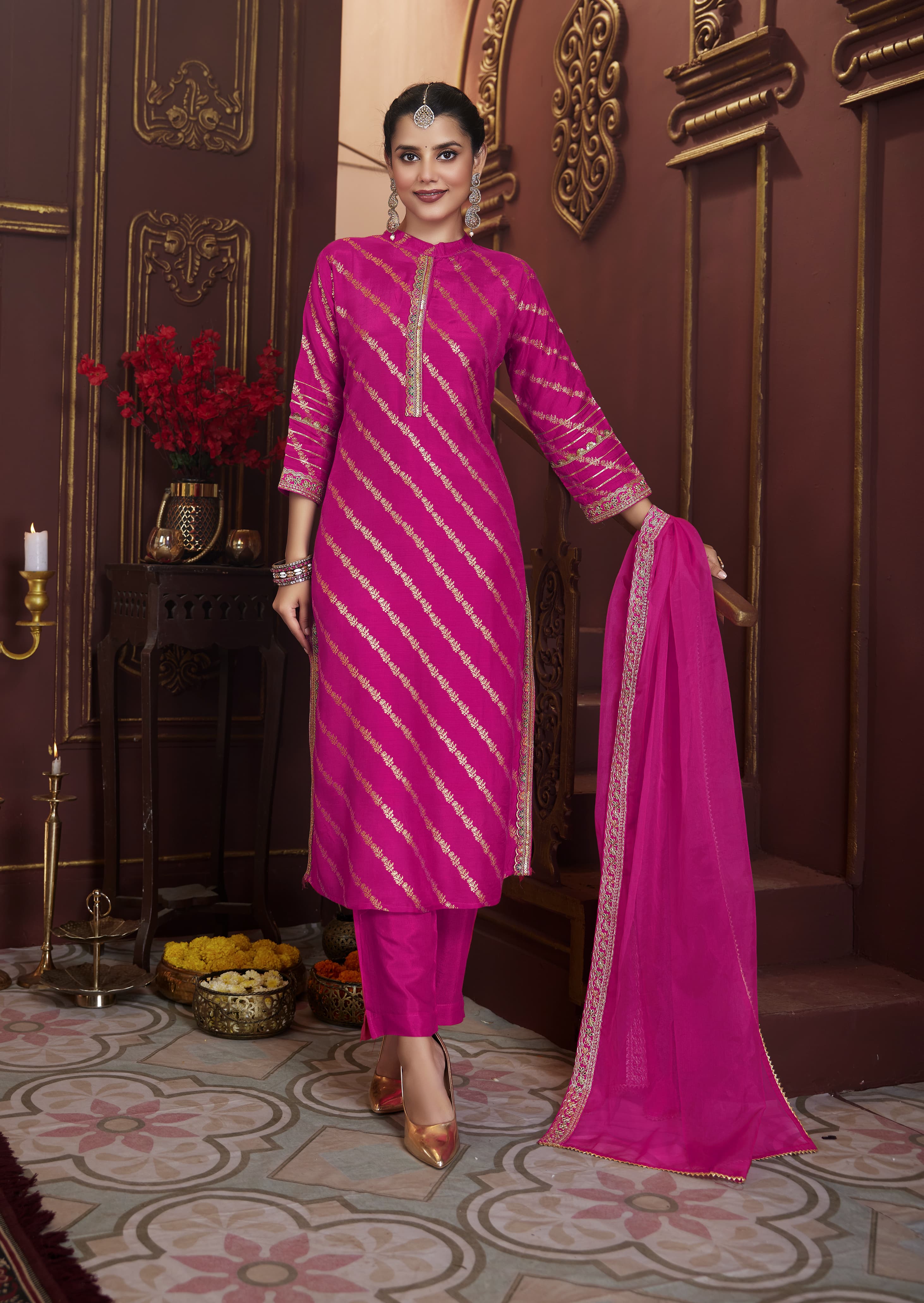 Dola Silk Suit Set With Jacquard Beautifully Heavy Lace Work