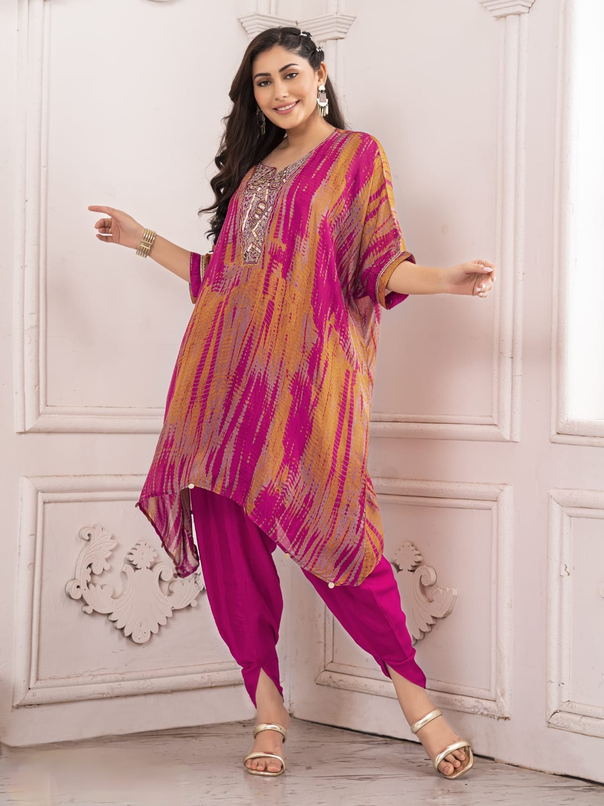 Kaftan Set With Tulip Pants - Hot Pink