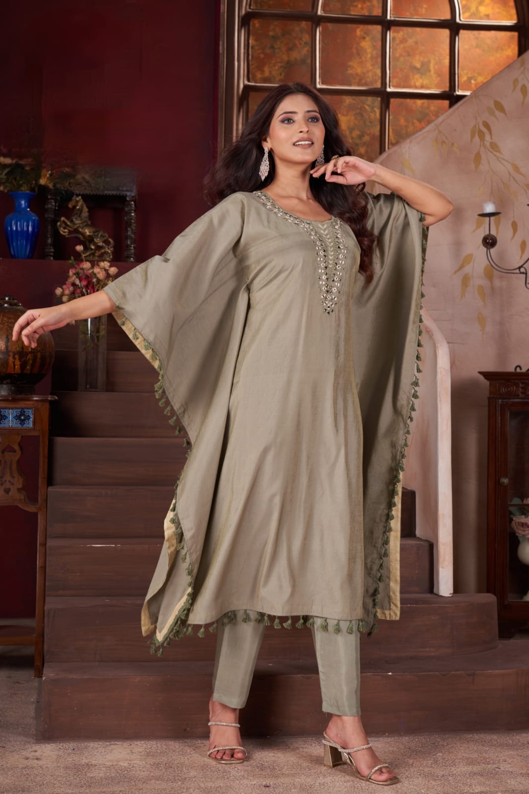 Kaftan Set Pure Modal Silk With Real Mirror Handwork