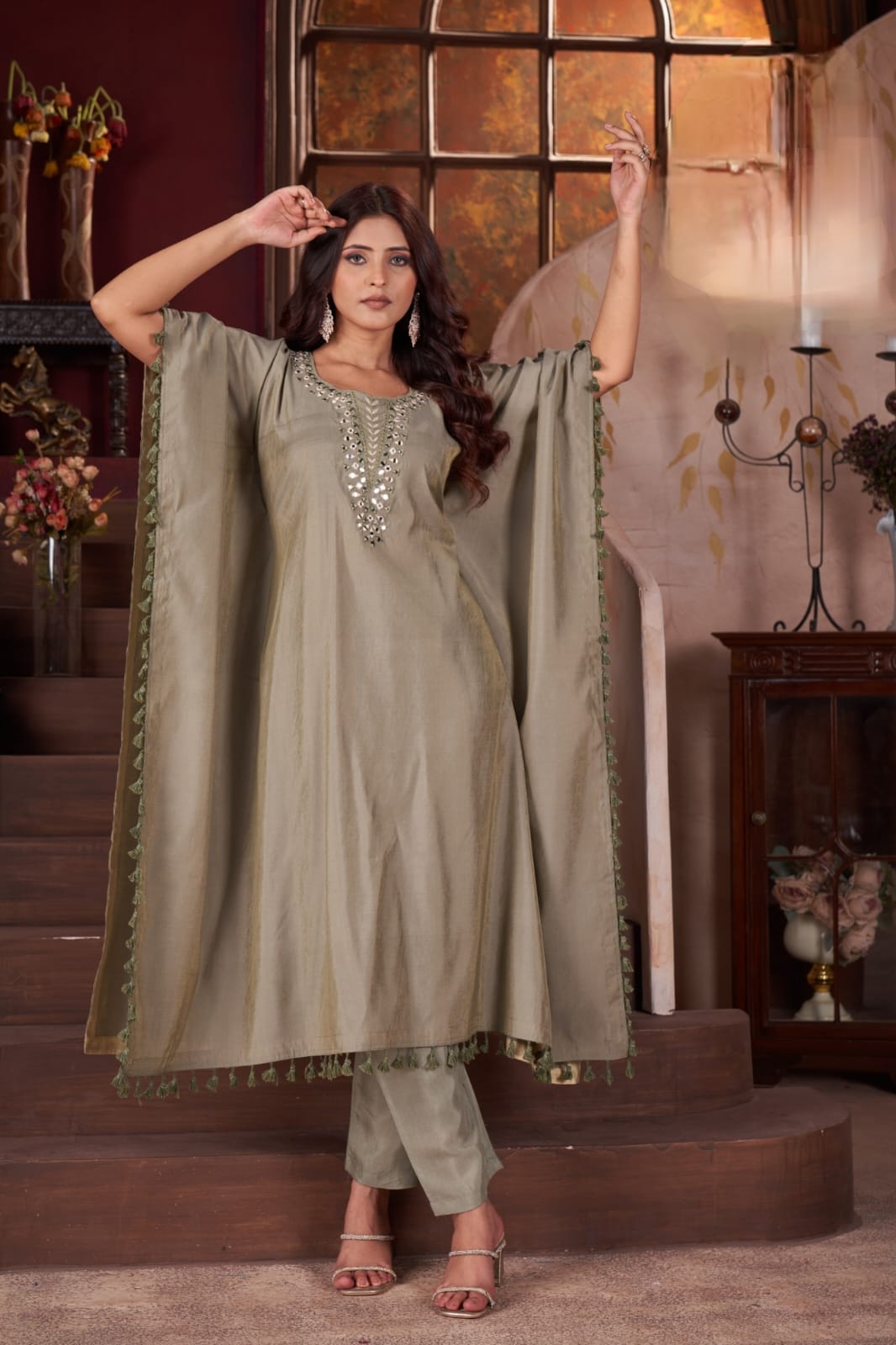 Kaftan Set Pure Modal Silk With Real Mirror Handwork