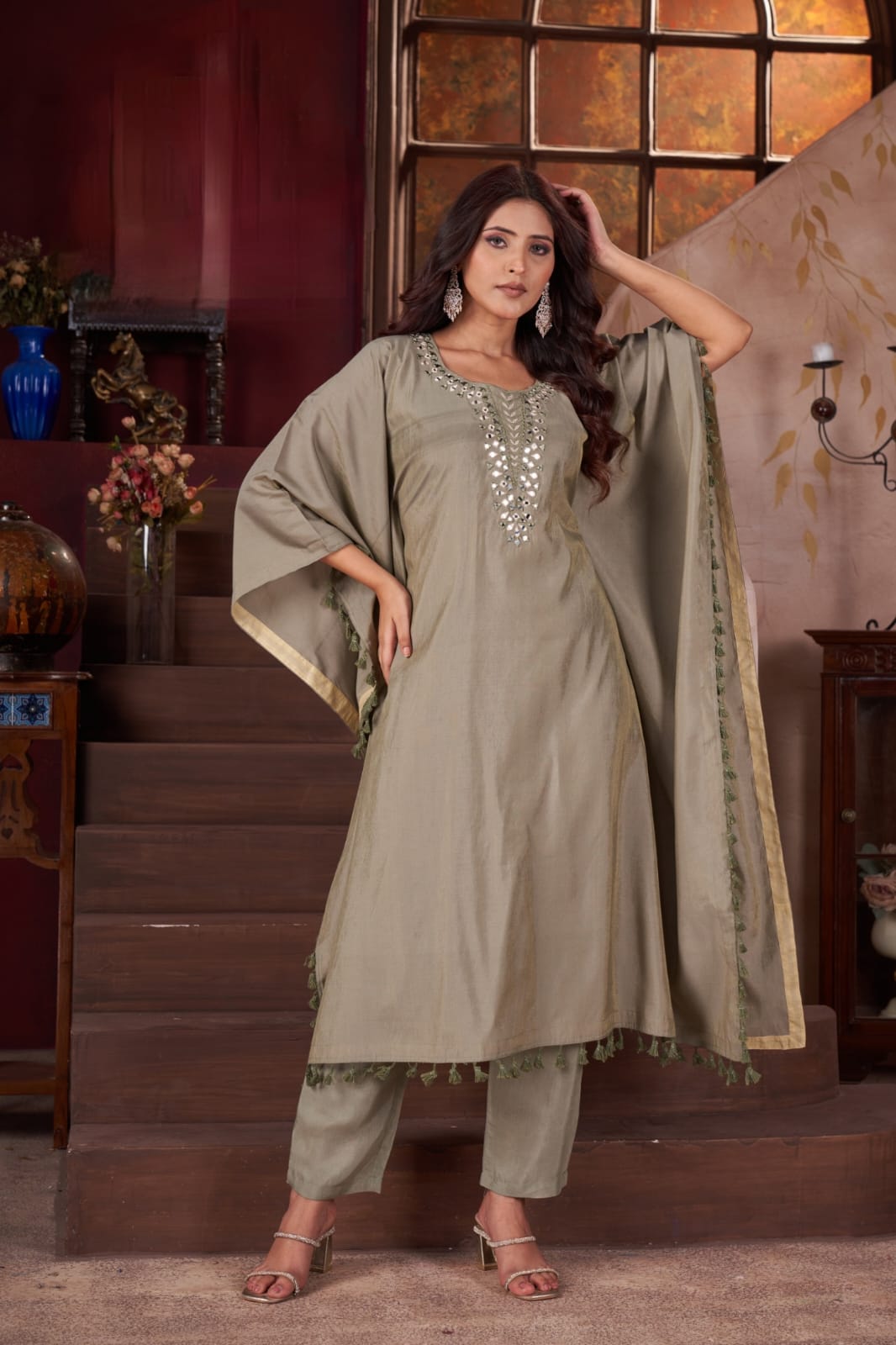 Kaftan Set Pure Modal Silk With Real Mirror Handwork