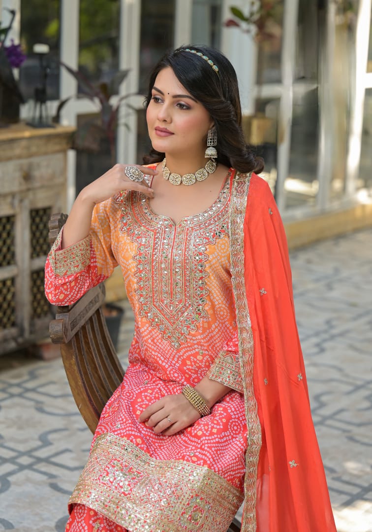 Bandhani Print Suit Set With Heavy Embroidery Work