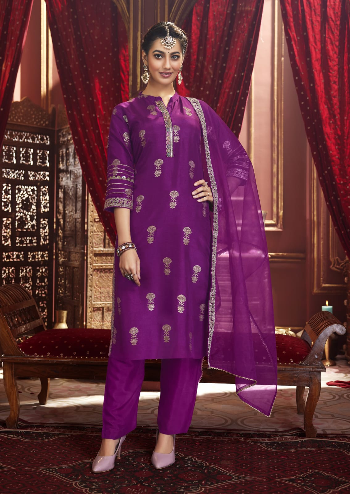 Dola Silk Suit Set With Jacquard Beautifully Heavy Lace Work - Voilet