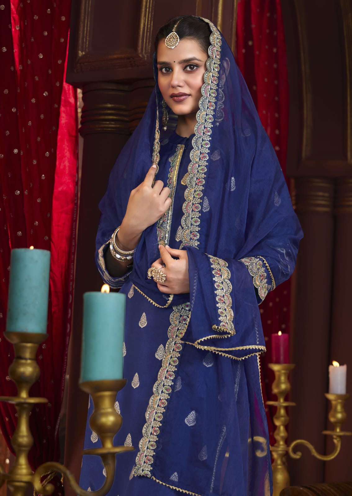 Dola Silk Suit Set With Jacquard Beautifully Heavy Lace Work - Blue