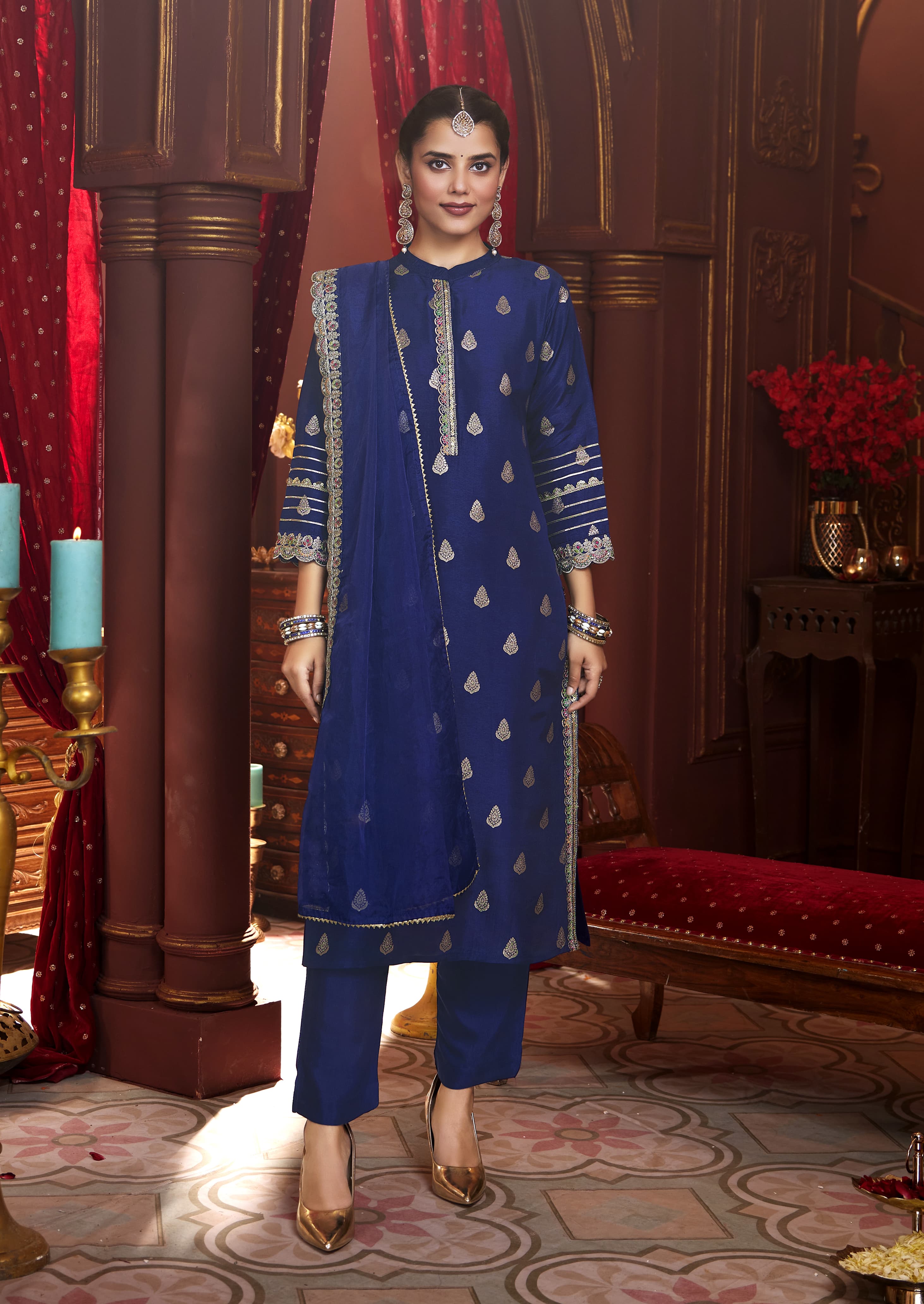 Dola Silk Suit Set With Jacquard Beautifully Heavy Lace Work - Blue