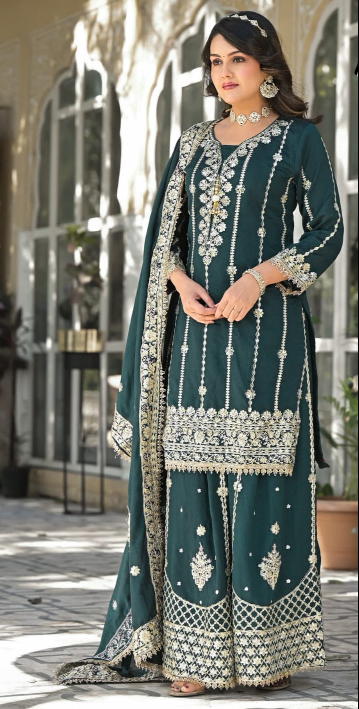 Sharara Set With Heavy Embroidery - Bottle Green