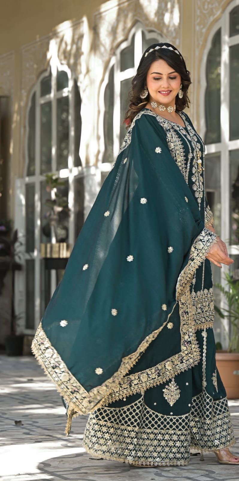 Sharara Set With Heavy Embroidery - Bottle Green