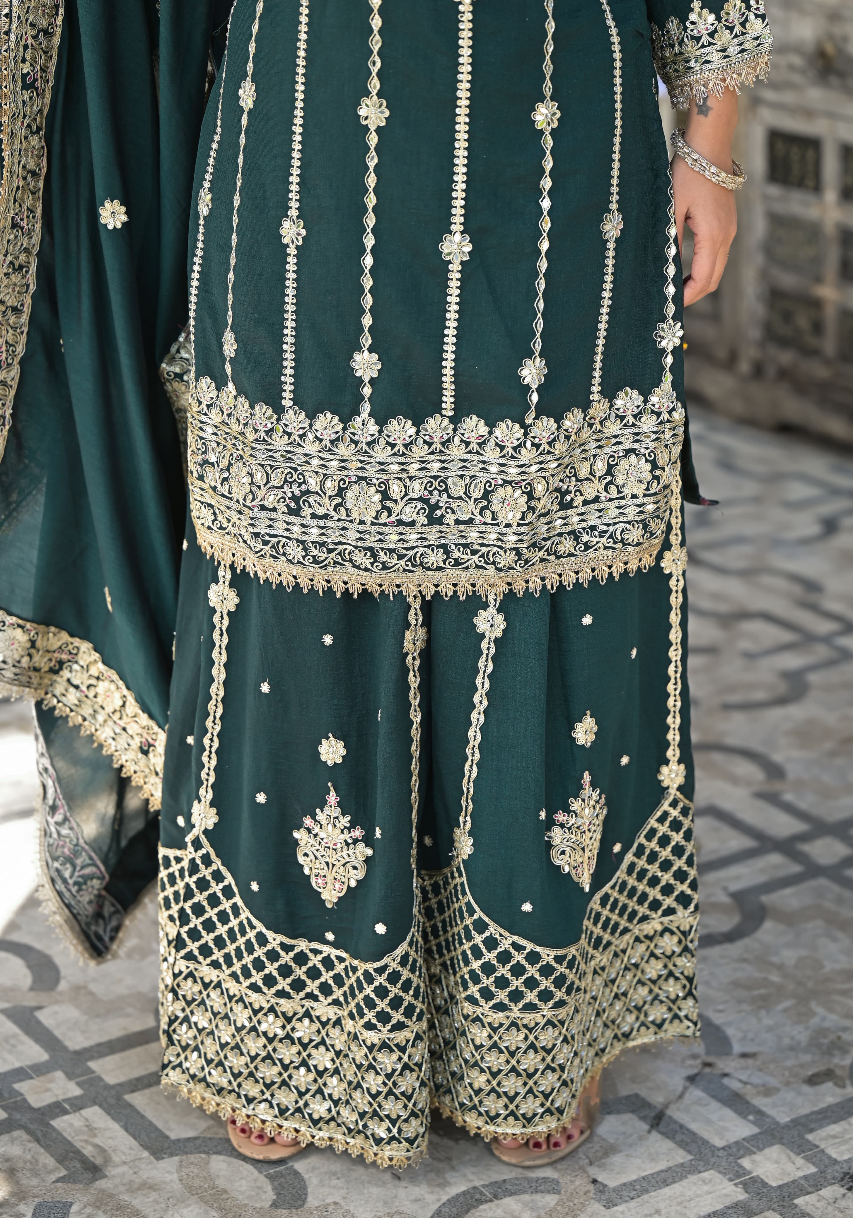 Sharara Set With Heavy Embroidery - Bottle Green