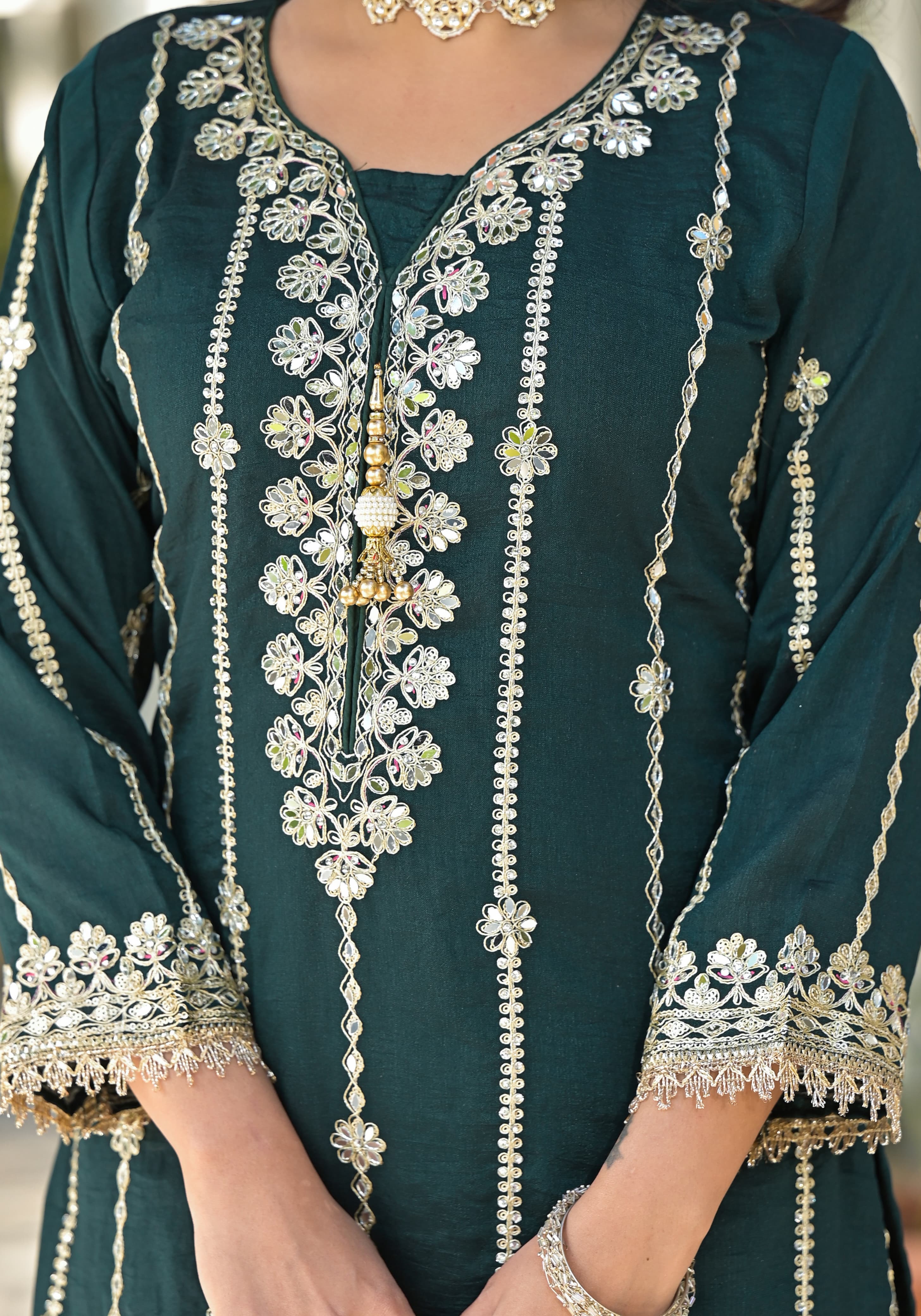 Sharara Set With Heavy Embroidery - Bottle Green