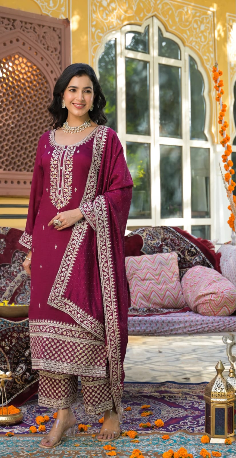 Plazzo Suit Set With Embroidered Work Hand Work & Pasted Mirror Work