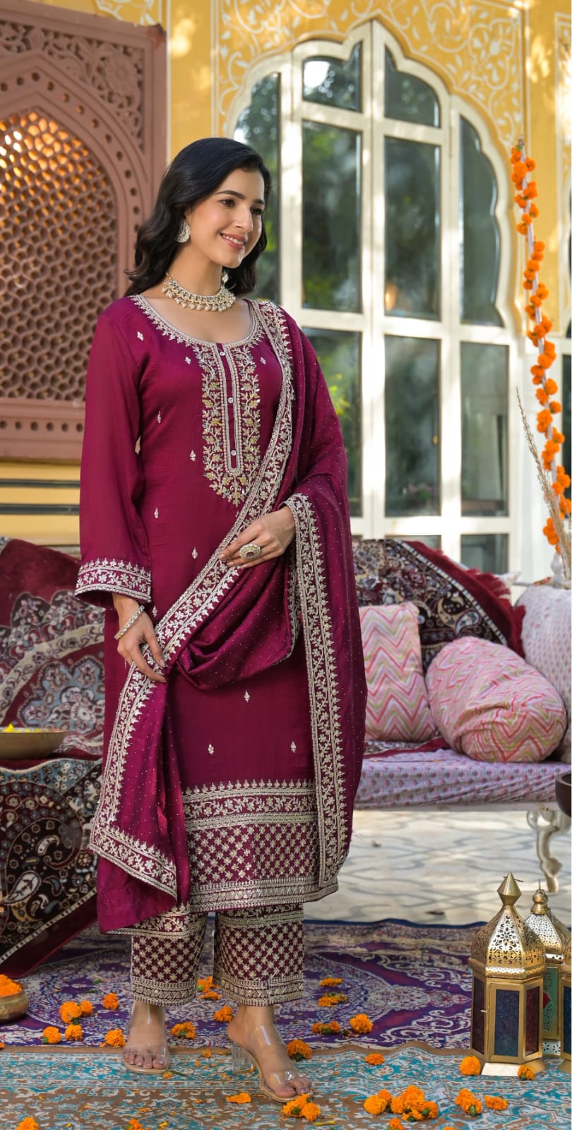 Plazzo Suit Set With Embroidered Work Hand Work & Pasted Mirror Work