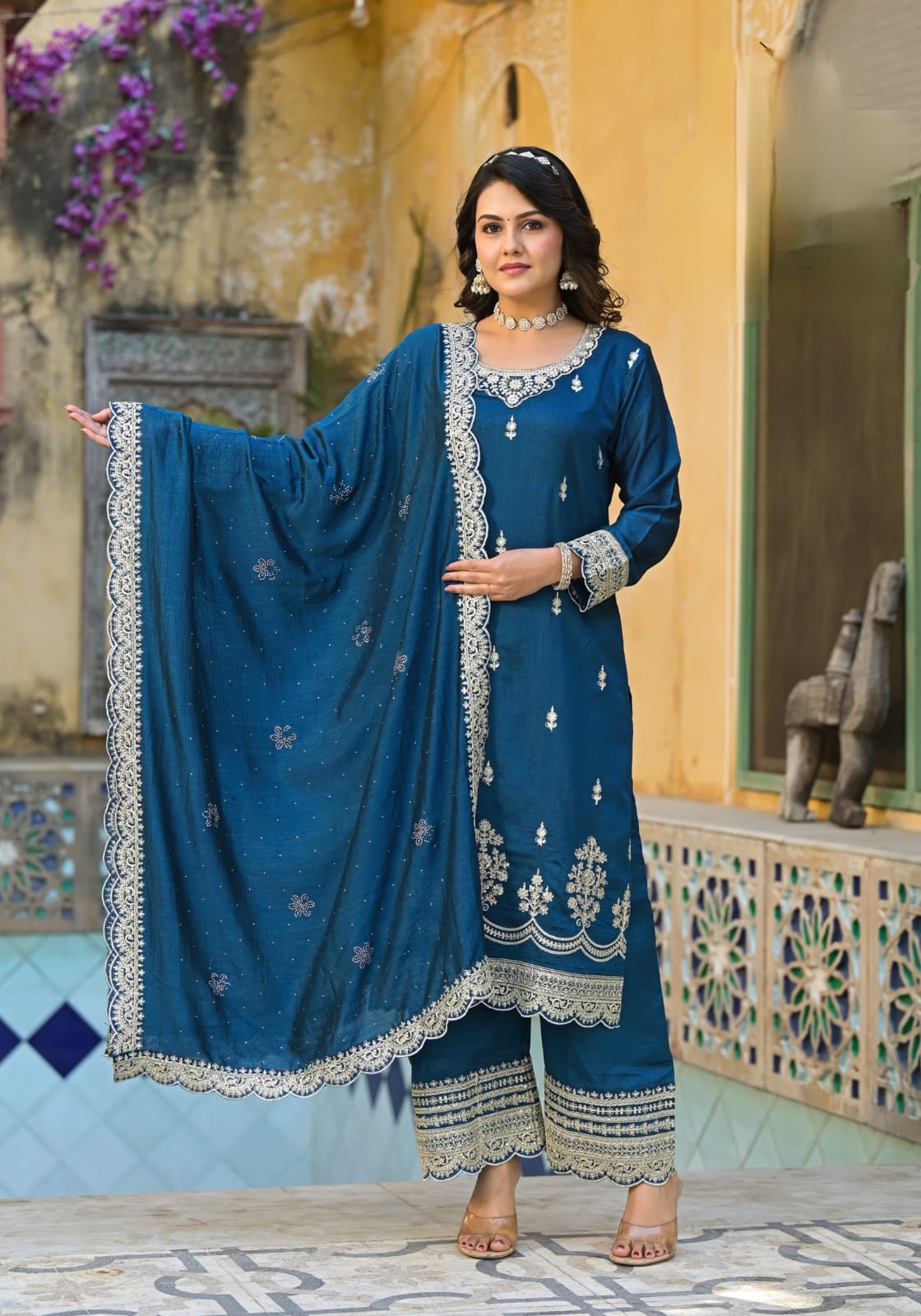 Vichitra Silk Suit Set With Cording & Stone Work Handwork Embroidery - Turquoise Blue