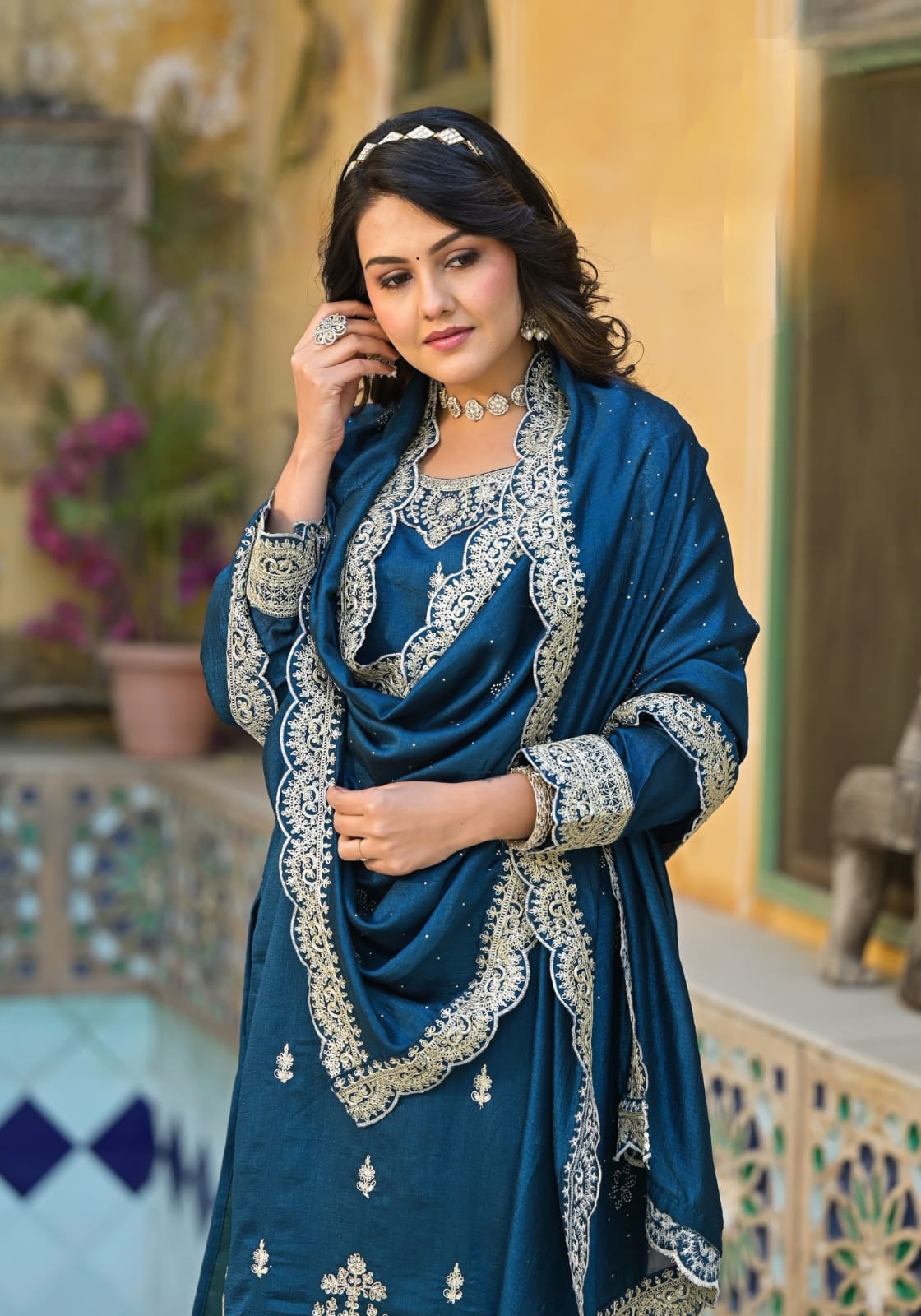 Vichitra Silk Suit Set With Cording & Stone Work Handwork Embroidery - Turquoise Blue