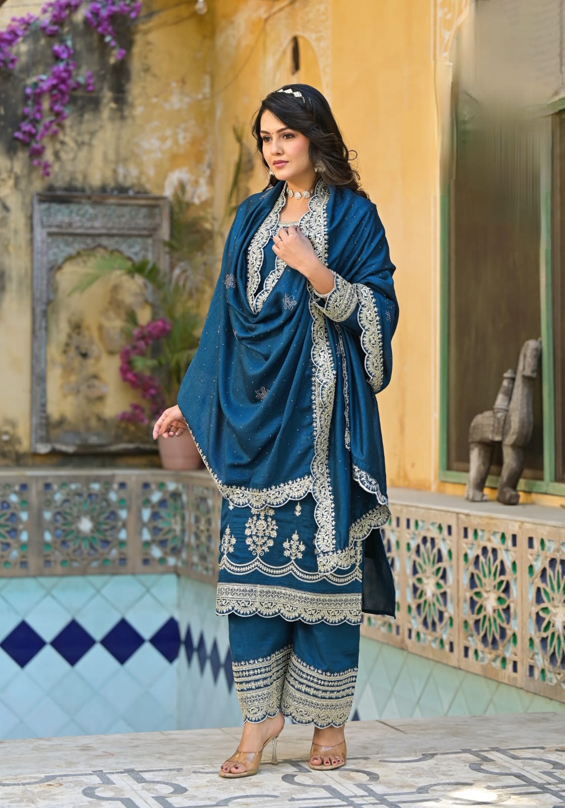 Vichitra Silk Suit Set With Cording & Stone Work Handwork Embroidery - Turquoise Blue