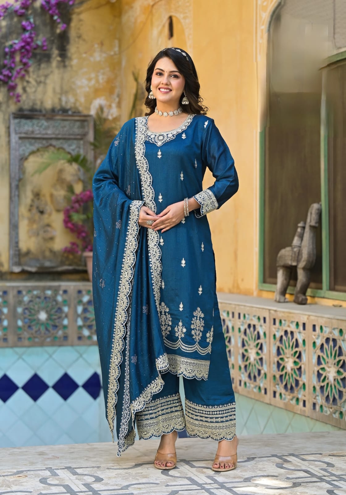 Vichitra Silk Suit Set With Cording & Stone Work Handwork Embroidery - Turquoise Blue