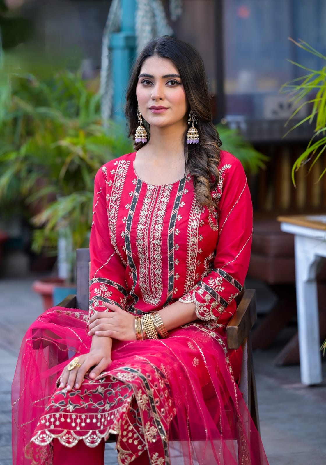 Organza Pakistani Suit Set With Embroidery - Red