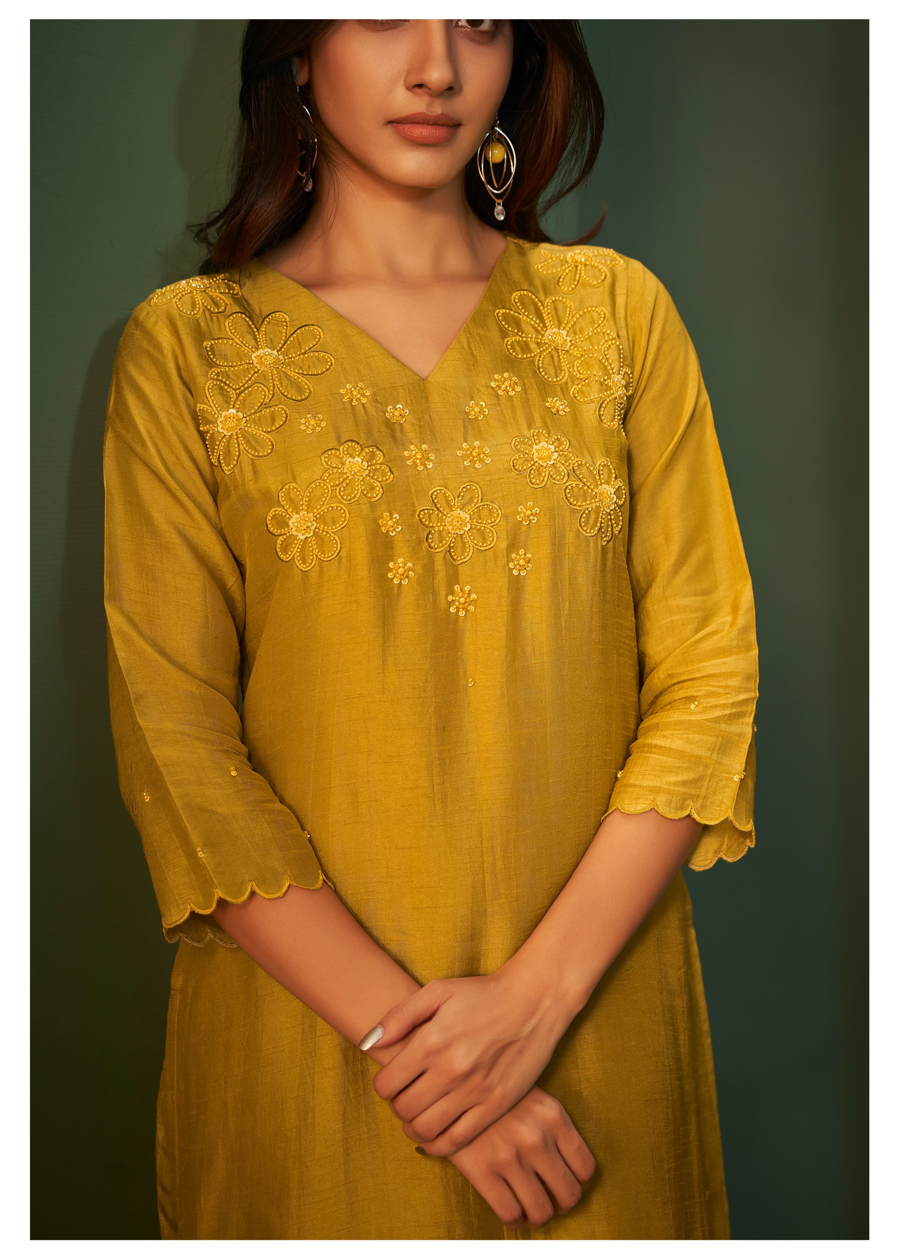 Pure Dola Silk Suit Set Handwork Embroidery - Mustard Yellow