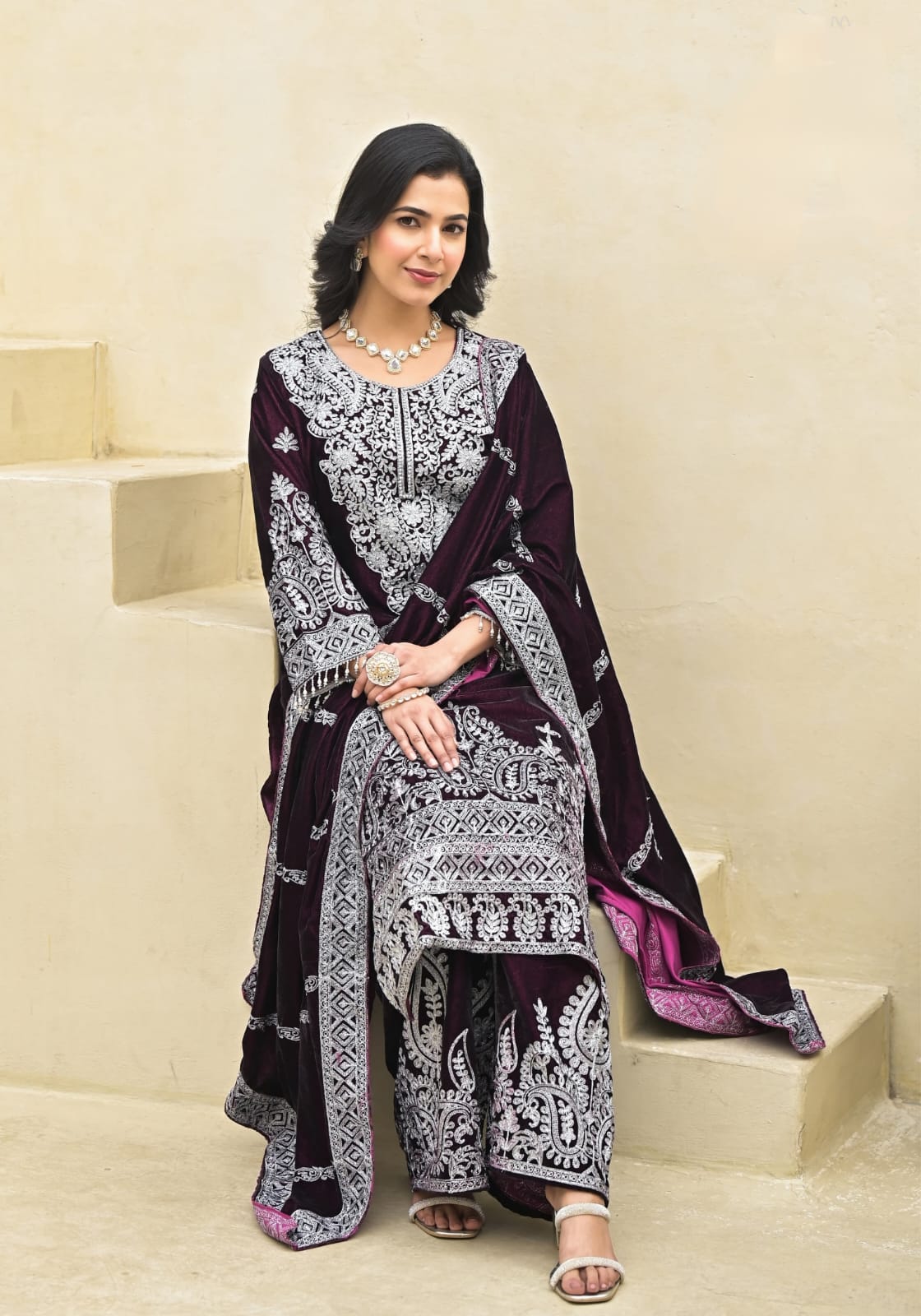 Velvet Plazzo Suit Set With Heavy Embroidery