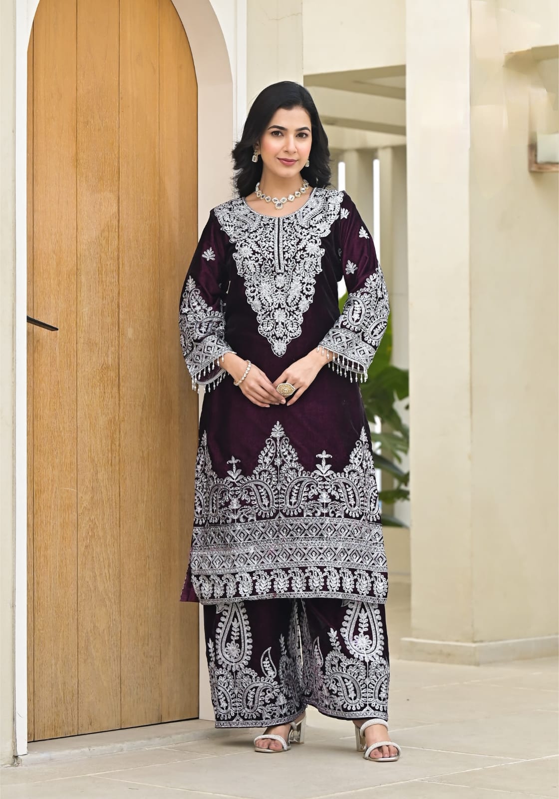 Velvet Plazzo Suit Set With Heavy Embroidery