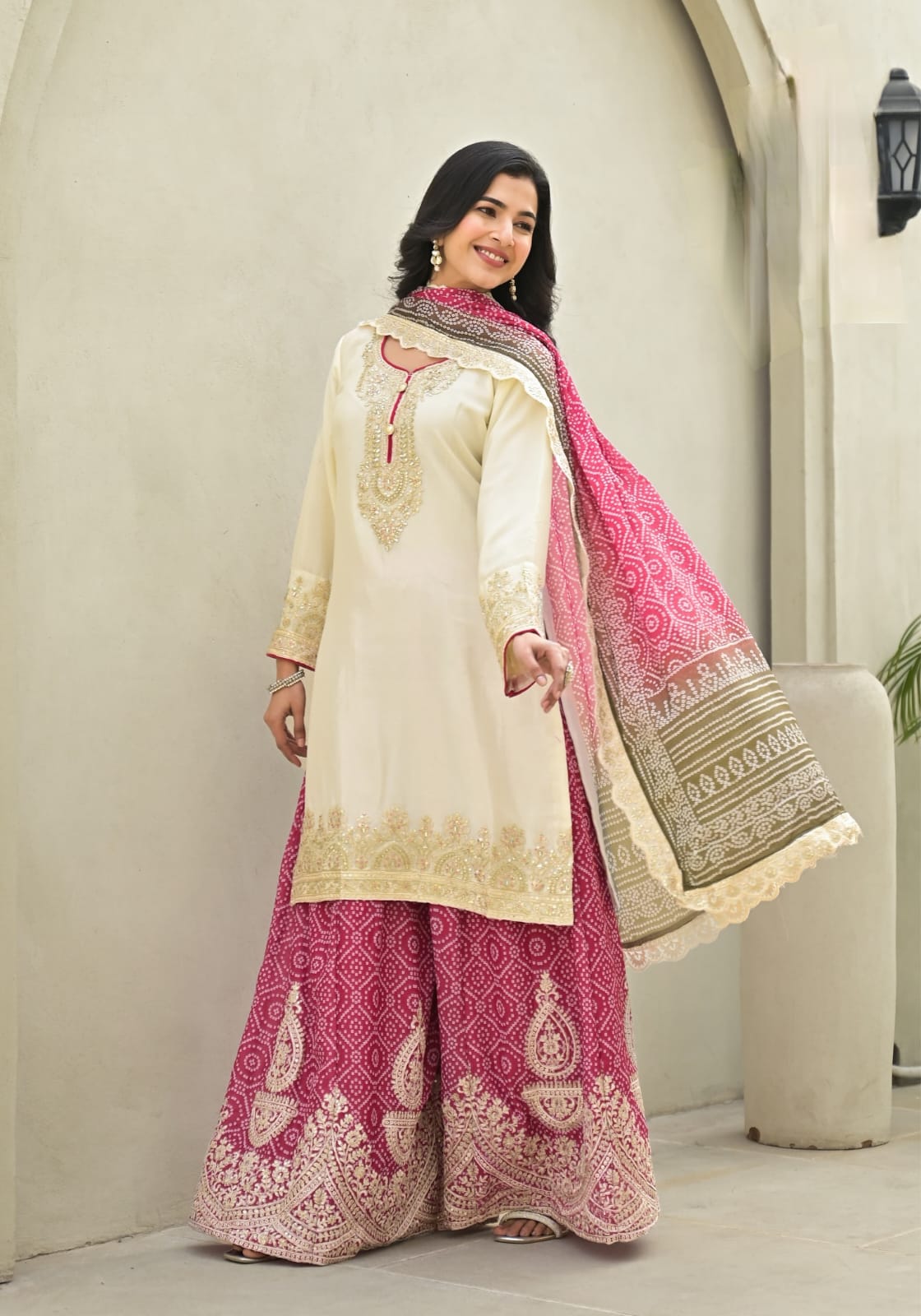 Chinon Bandhani Sharara Suit Set With Heavy Embroidery