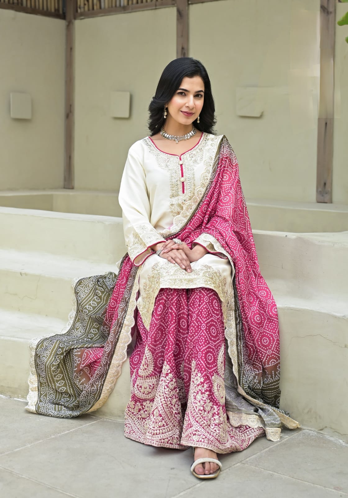 Chinon Bandhani Sharara Suit Set With Heavy Embroidery