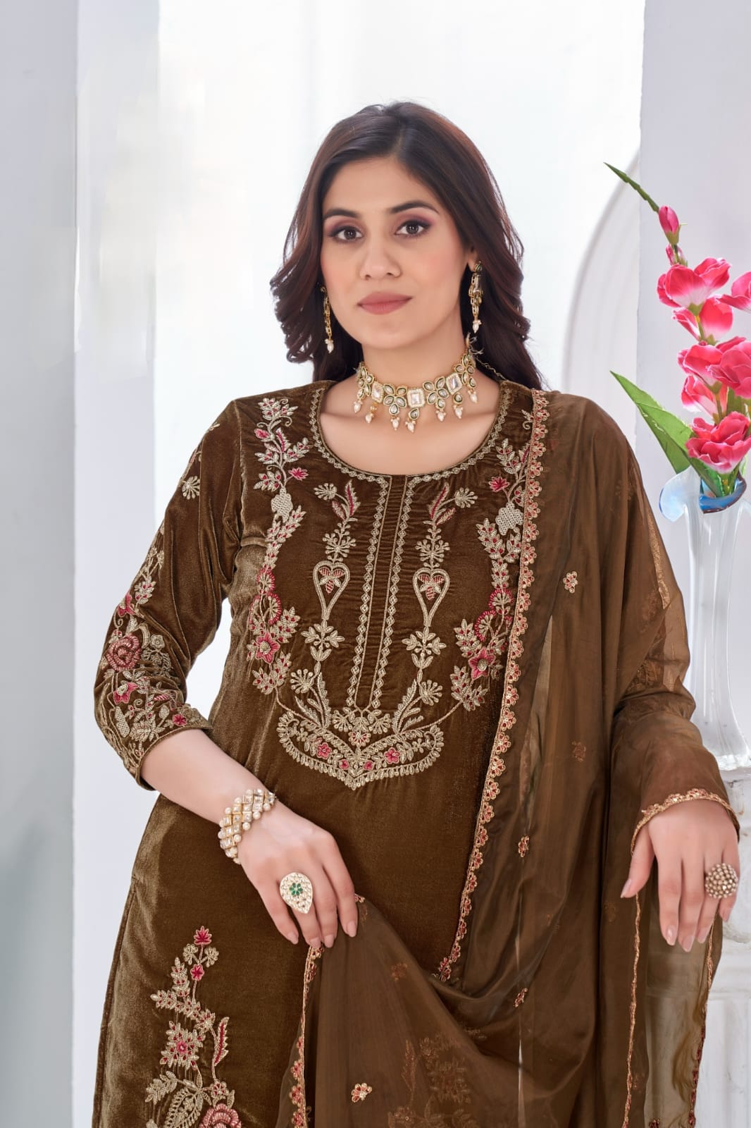 Velvet Punjabi Salwar Suit Set With Embroidery