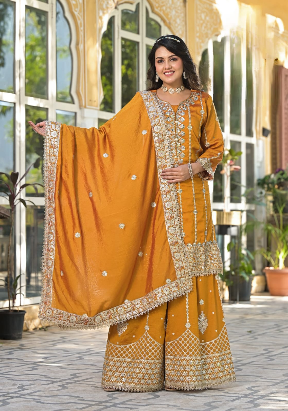 Sharara Set With Heavy Embroidery - Mustard Yellow