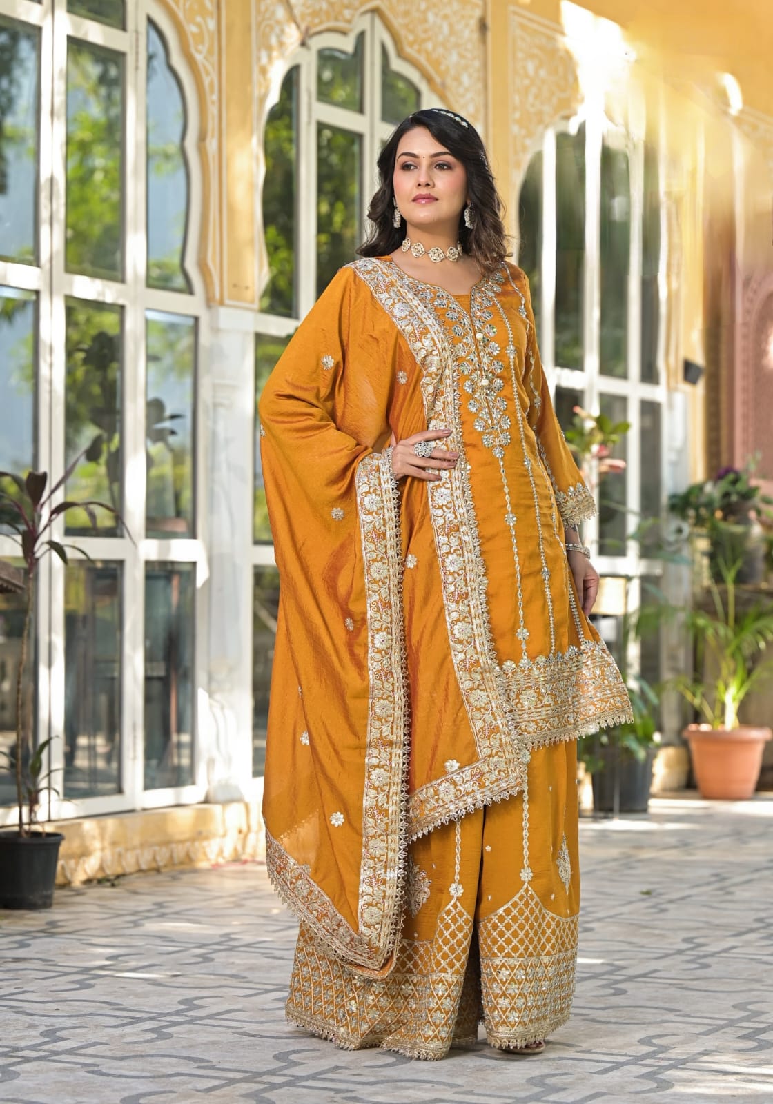 Sharara Set With Heavy Embroidery - Mustard Yellow