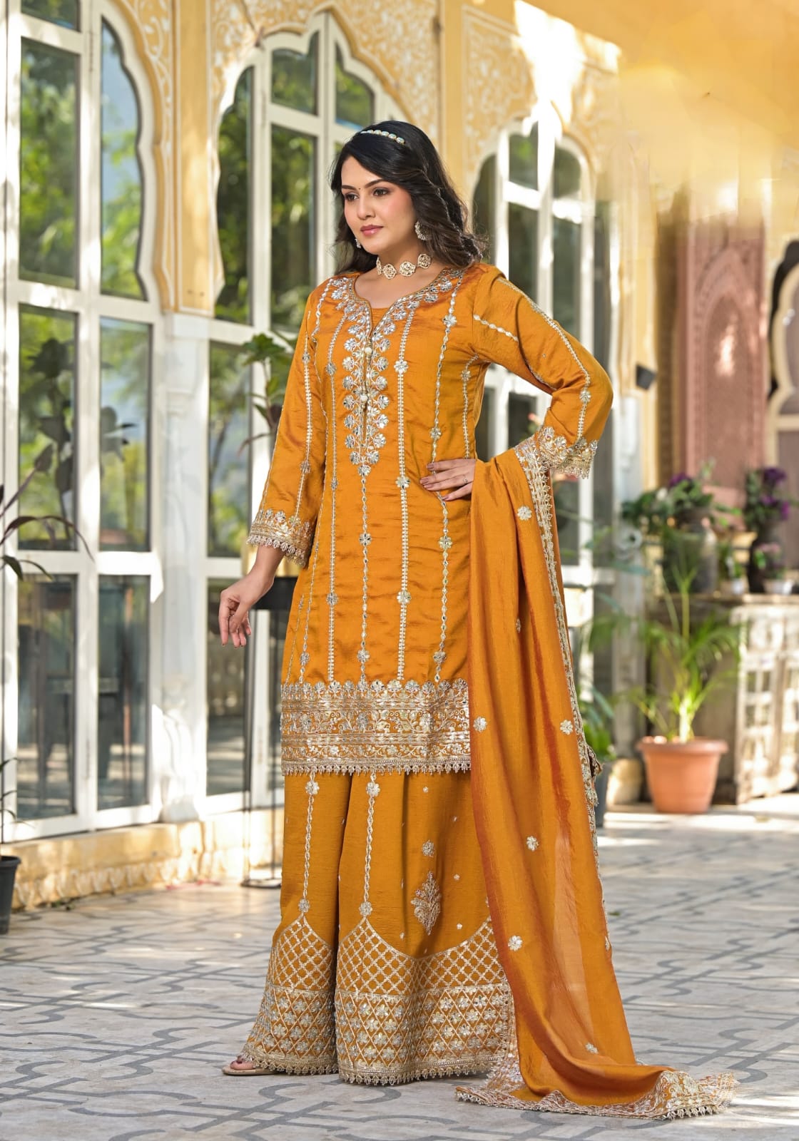 Sharara Set With Heavy Embroidery - Mustard Yellow