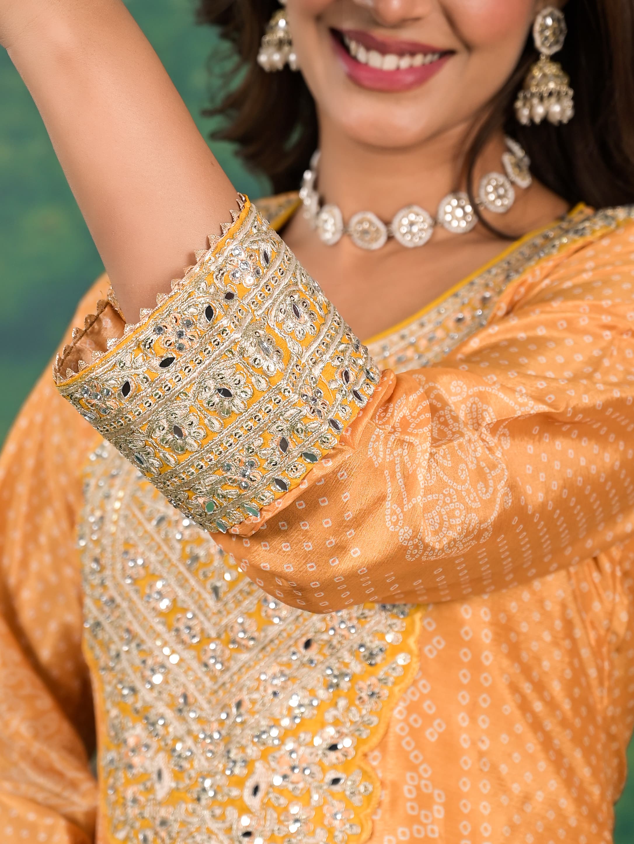 Chinon Bandhani Digital Print Plazzo Suit Set With Heavy Embroidery