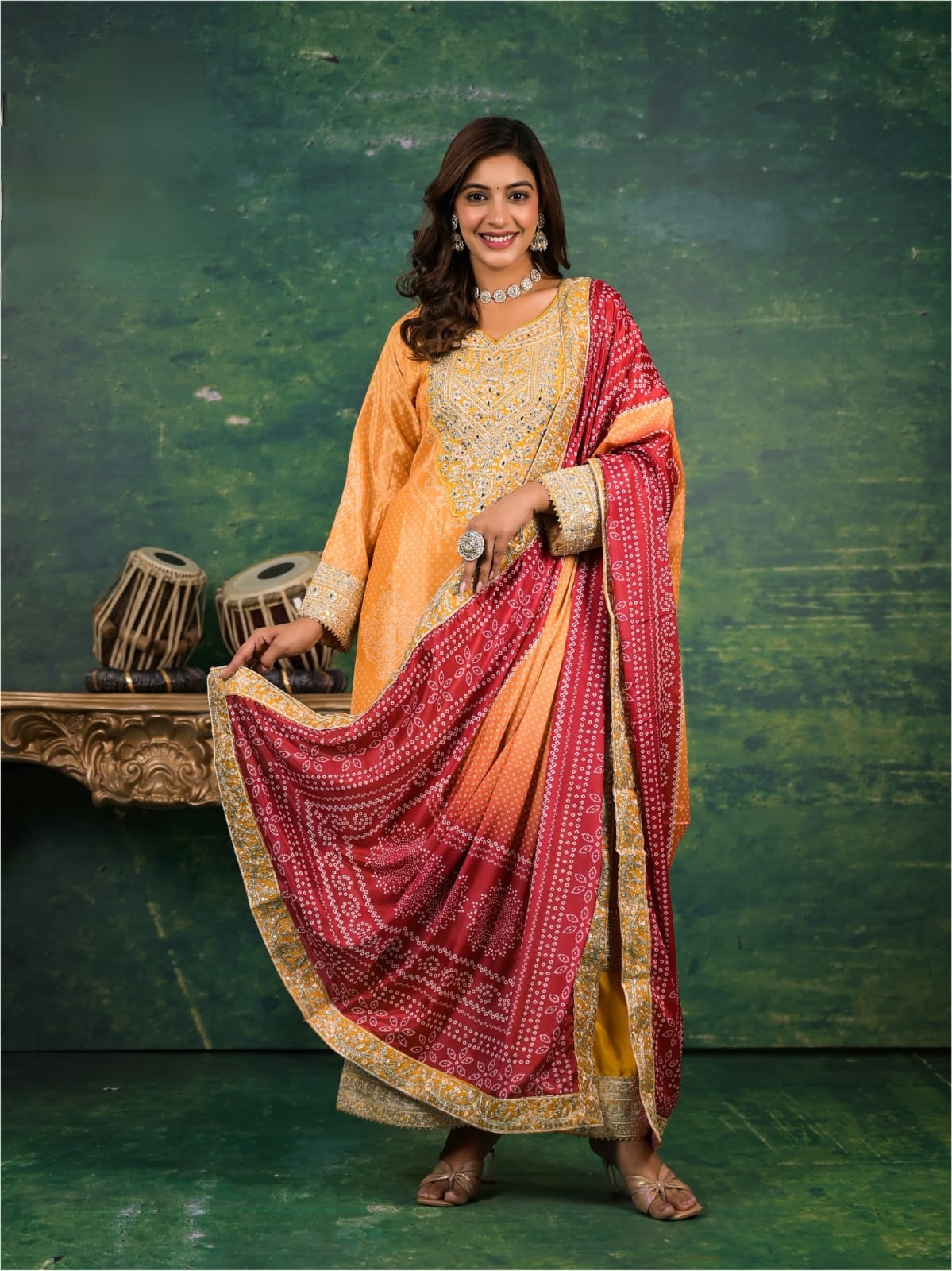 Chinon Bandhani Digital Print Plazzo Suit Set With Heavy Embroidery