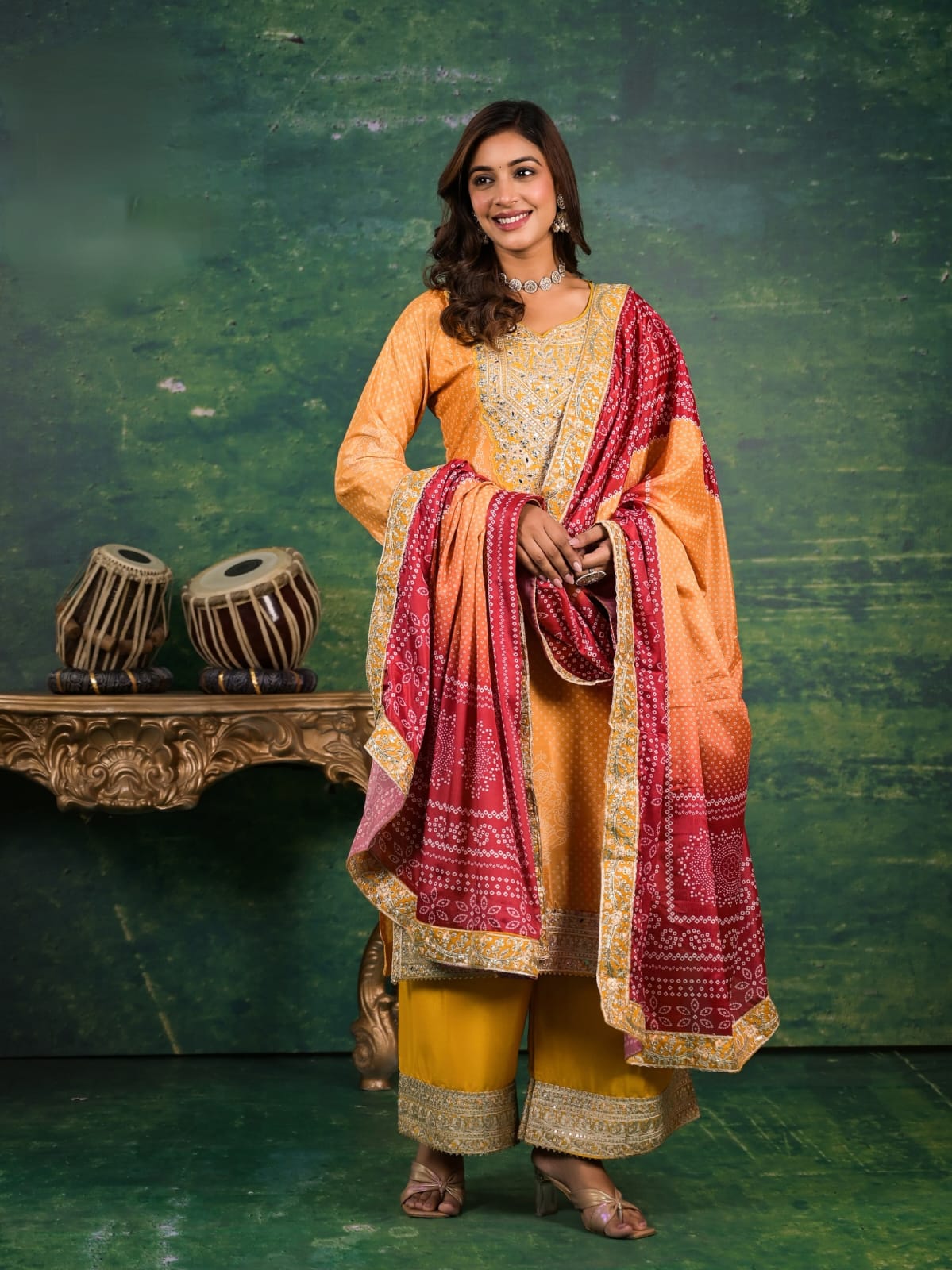 Chinon Bandhani Digital Print Plazzo Suit Set With Heavy Embroidery