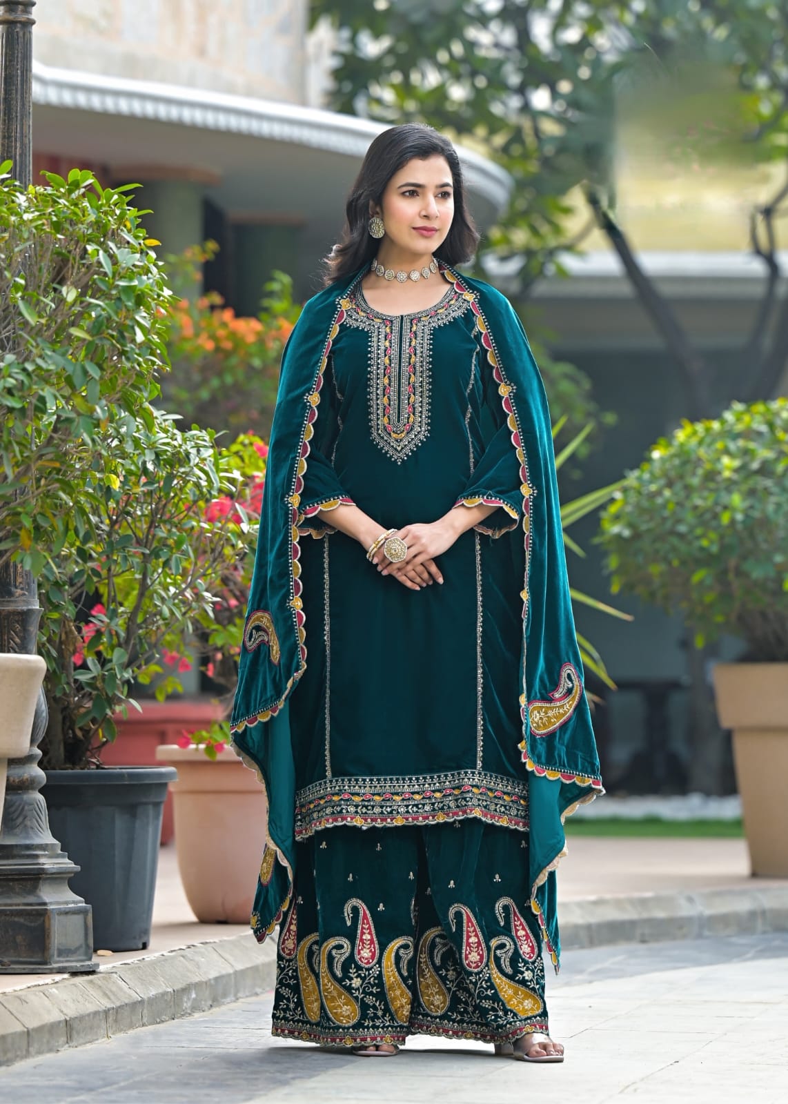 Velvet Sharara Suit Set With Heavy Embroidery