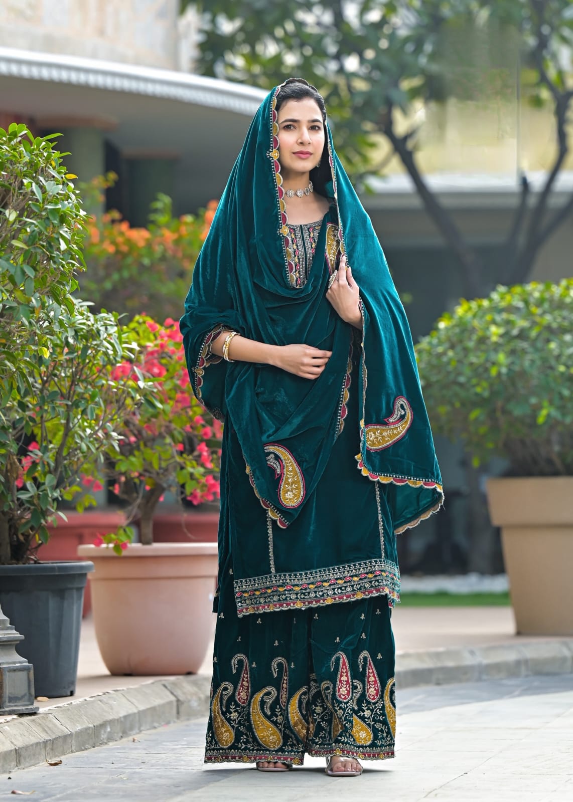 Velvet Sharara Suit Set With Heavy Embroidery