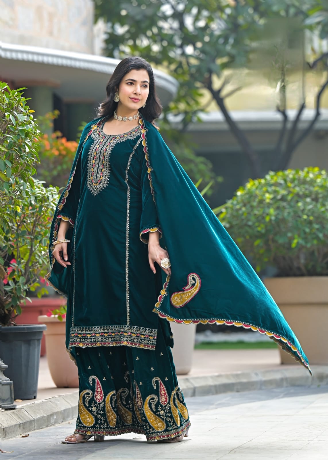 Velvet Sharara Suit Set With Heavy Embroidery