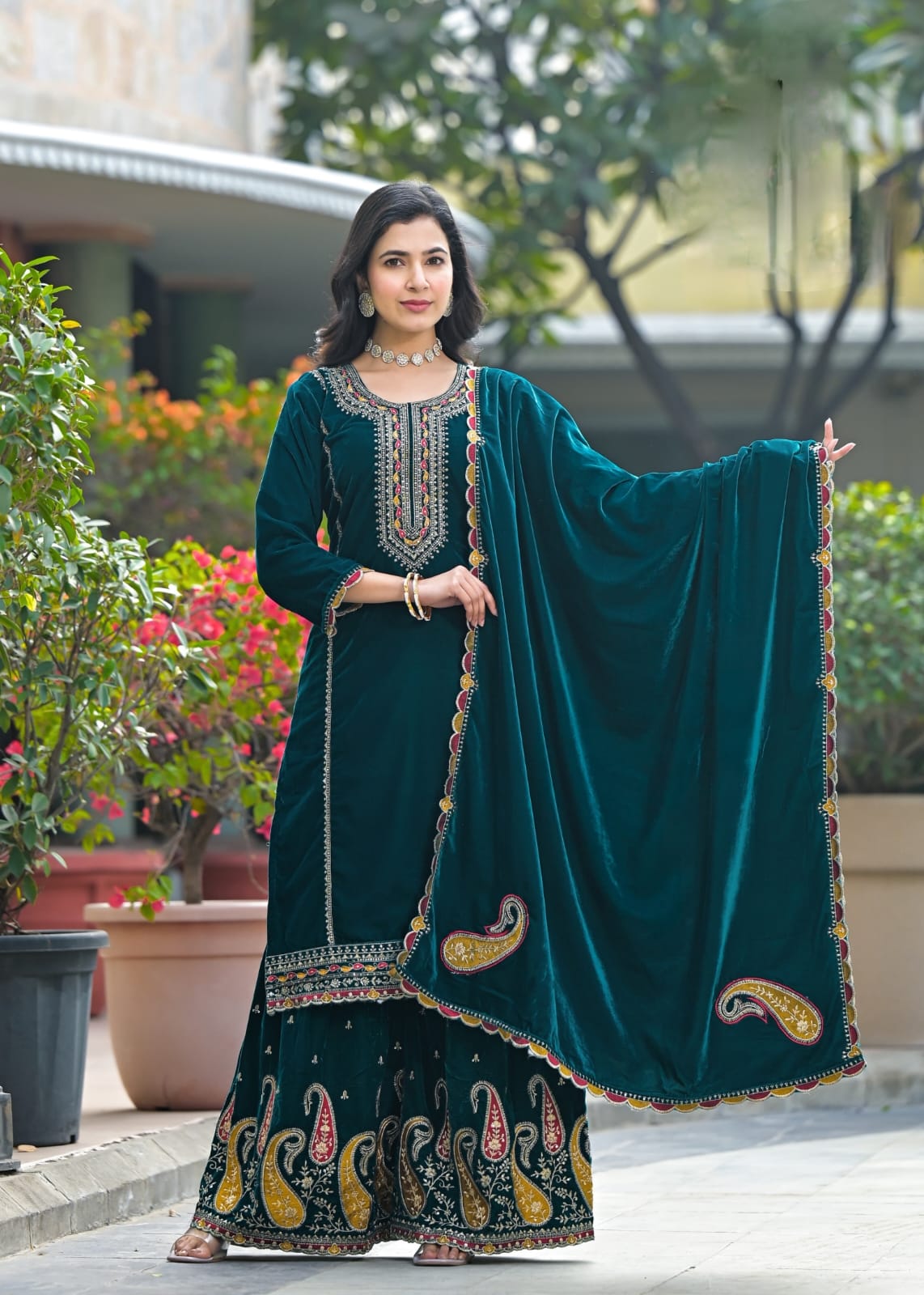 Velvet Sharara Suit Set With Heavy Embroidery