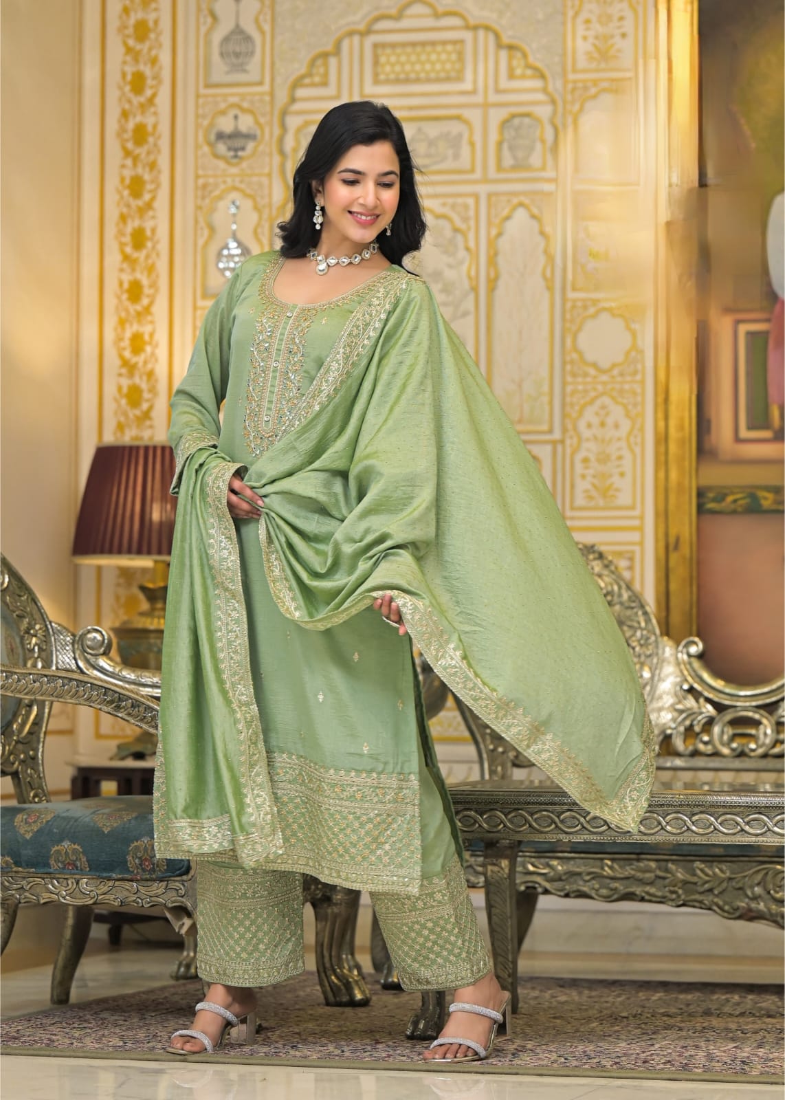 Vichitra Silk Plazzo Suit Set With With Mirror Hand Work