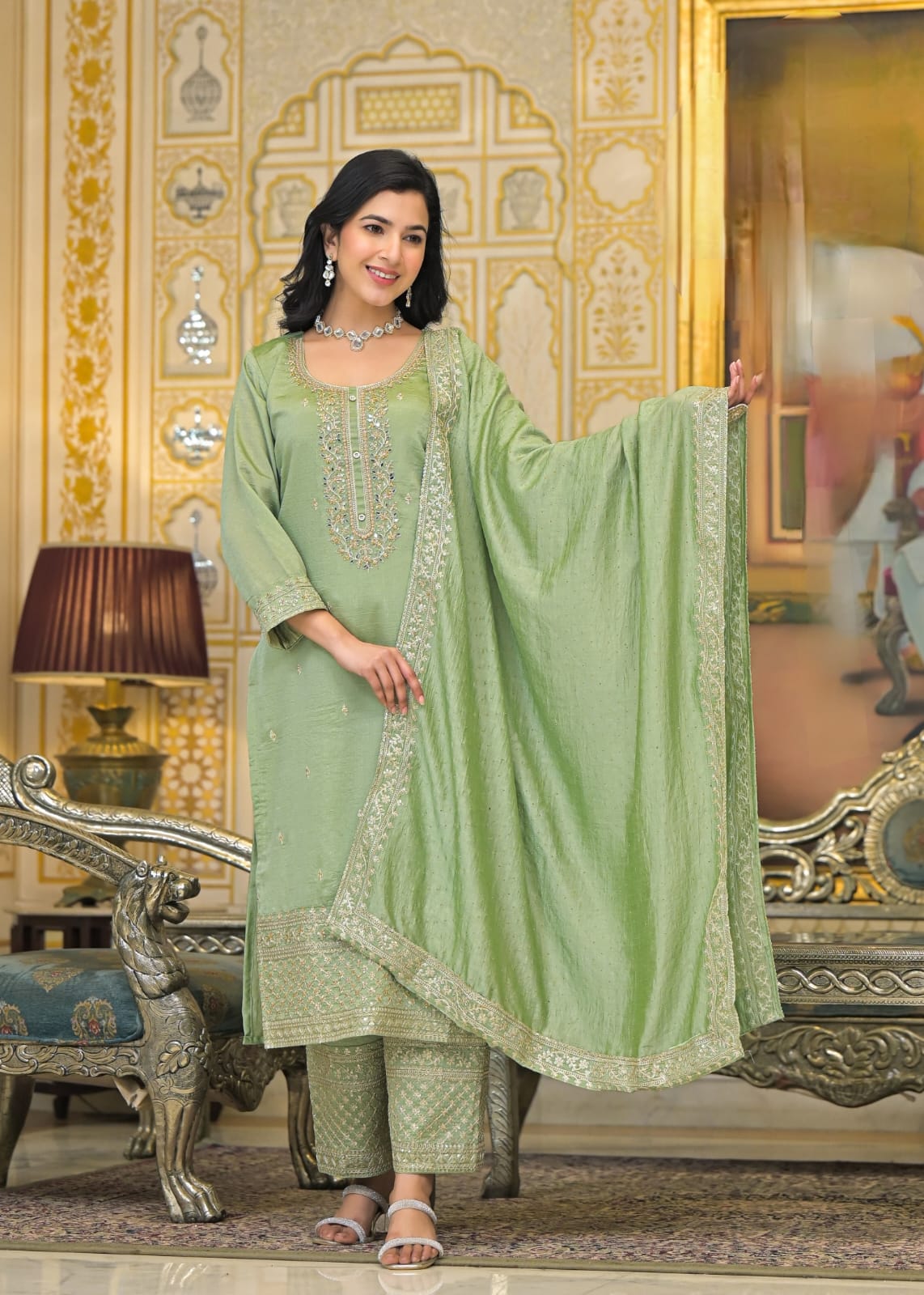 Vichitra Silk Plazzo Suit Set With With Mirror Hand Work