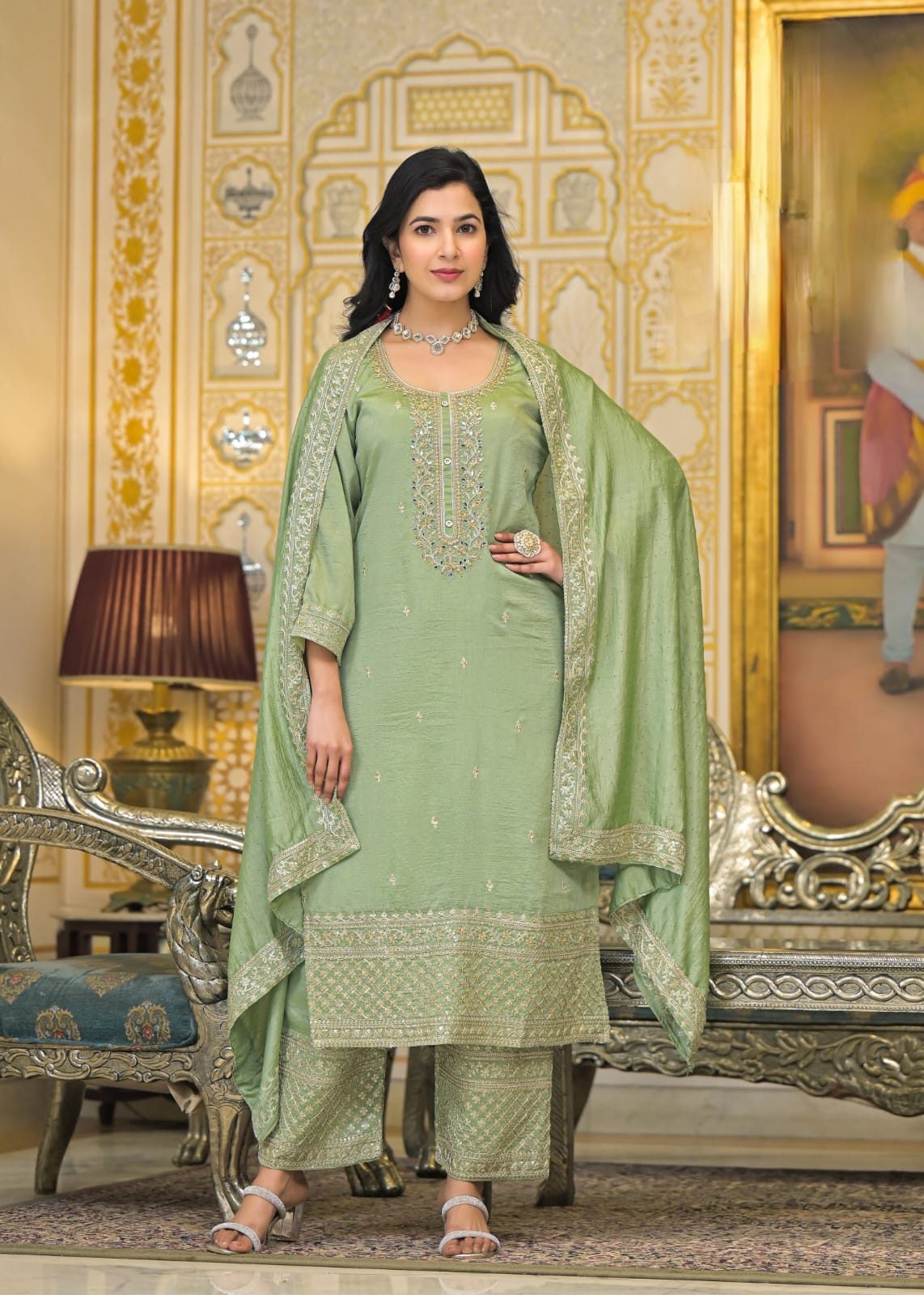 Vichitra Silk Plazzo Suit Set With With Mirror Hand Work