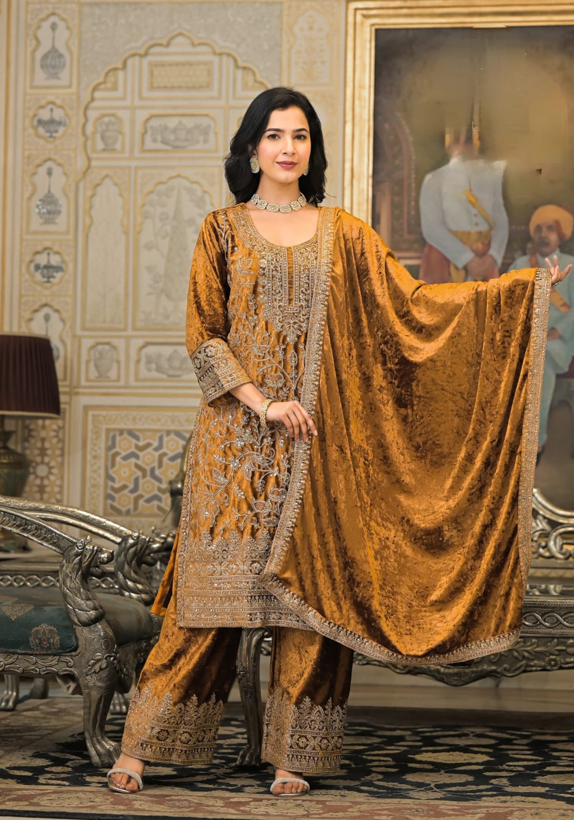 Velvet Plazzo Suit Set With Heavy Embroidery