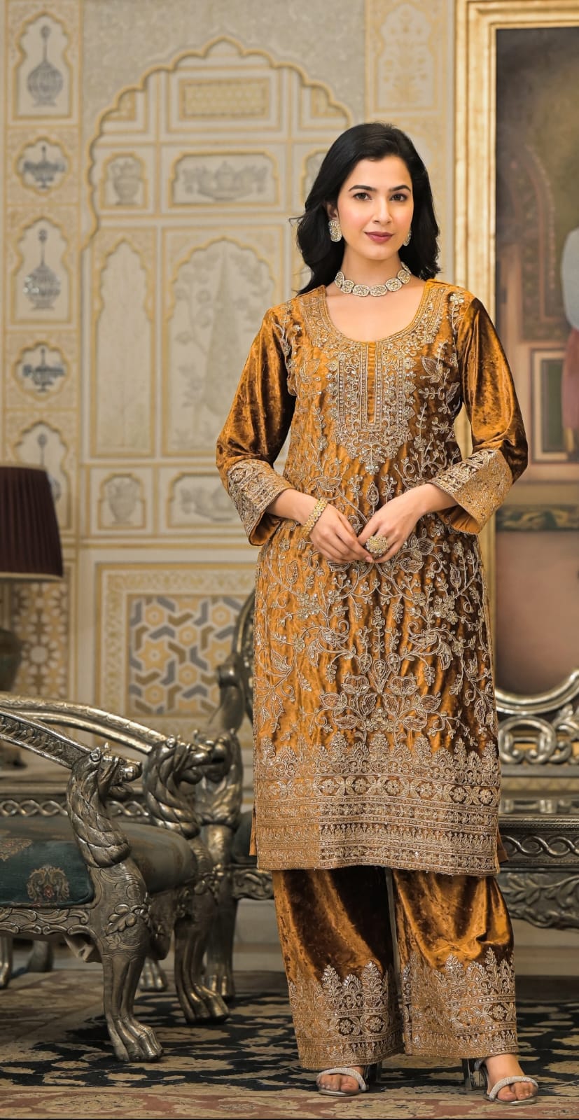 Velvet Plazzo Suit Set With Heavy Embroidery